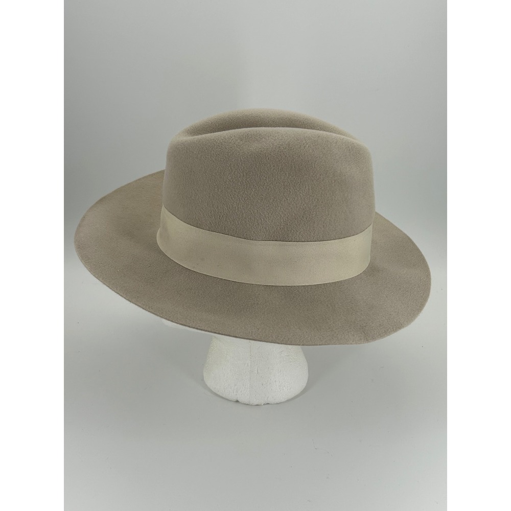 Hat Attack Made in USA Velour Felt Fedora Hat Small Taupe Wide Brim Ivory Ribbon